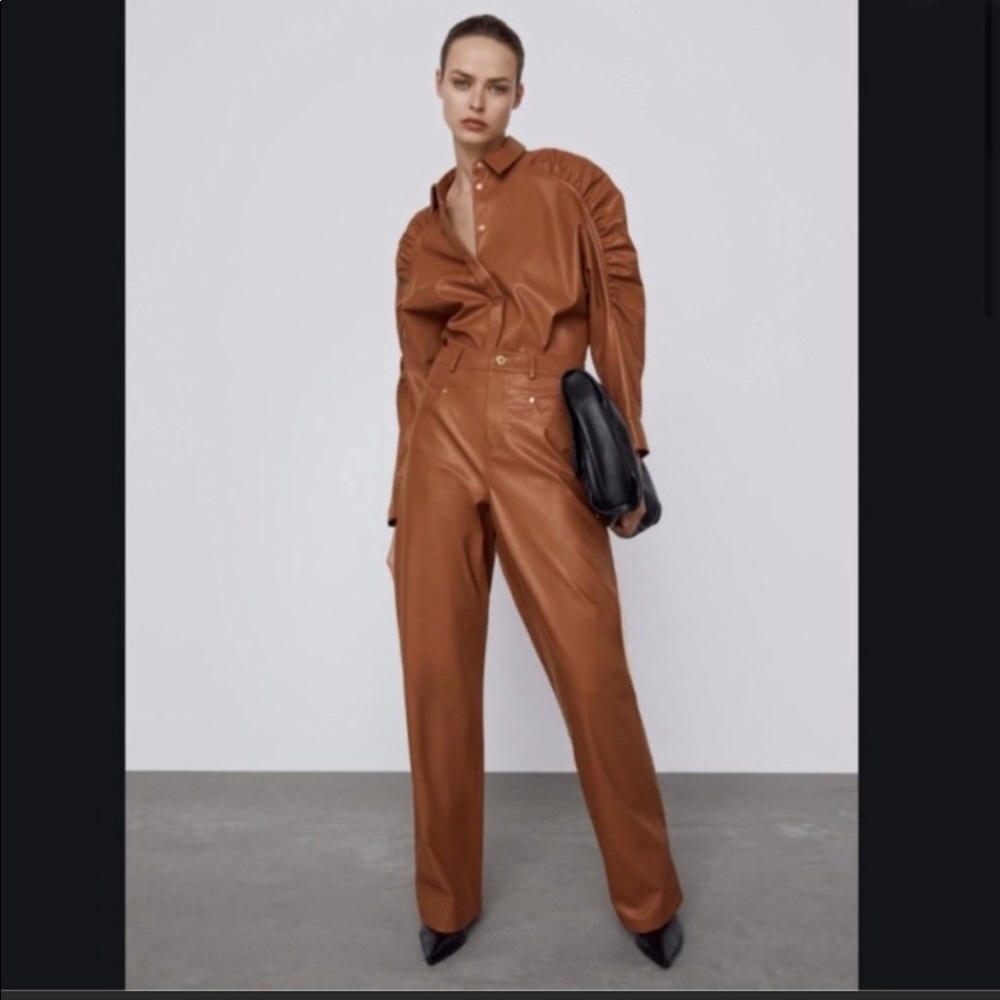NWT l ZARA Wide Leg Brown Leather Pants, size 6